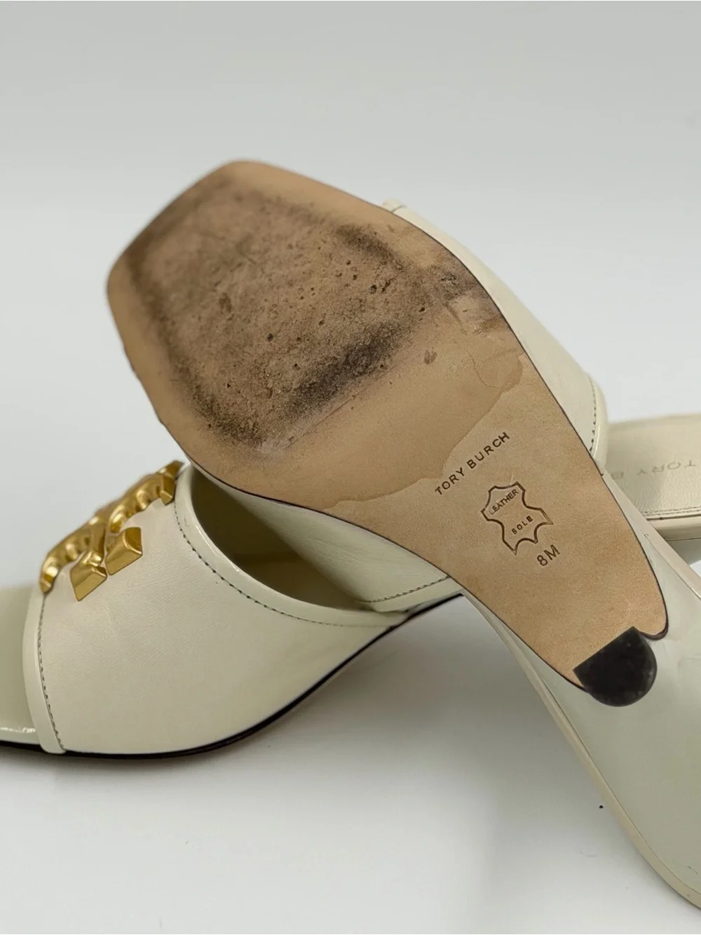 Tory Burch Eleanor Heeled Mule Sandals 65mm – New Ivory – Size 8 – Goat Leather